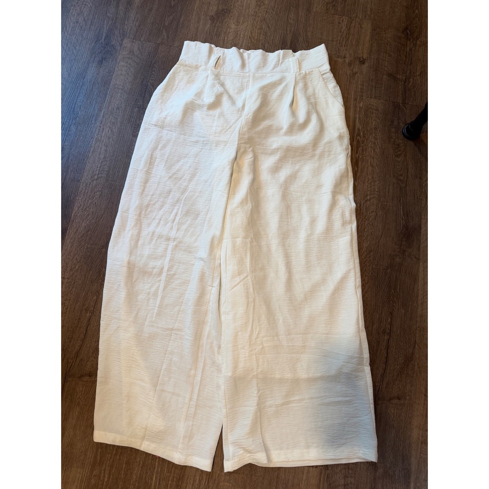 Womens Wide Leg Lightweight Pleated Pants Off White Cream High Rise Summer